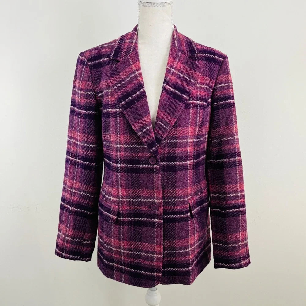 Vintage Chadwicks Women's Purple Pink Plaid 100% Wool 2-Button Blazer Jacket 8